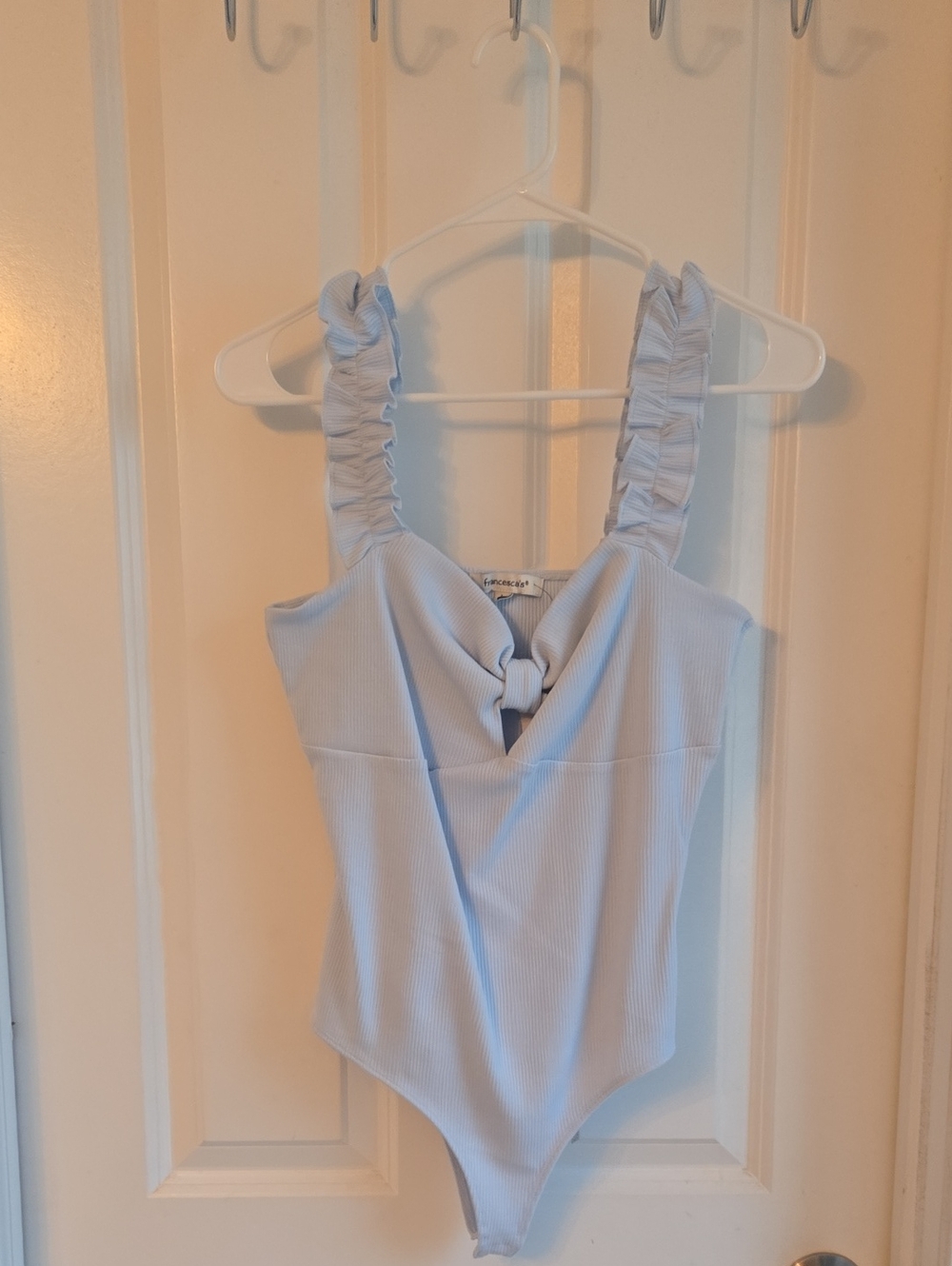 Francesca's Collections Light Blue Ruffle Strap Knot Front Bodysuit